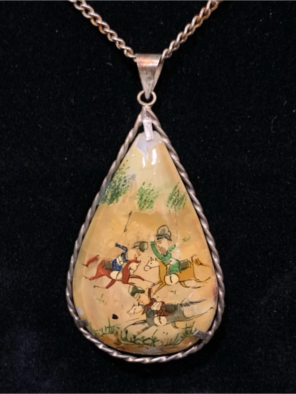 Vintage Hand-Painted Teardrop Pendant Necklace Reversible Bird Floral Horseback